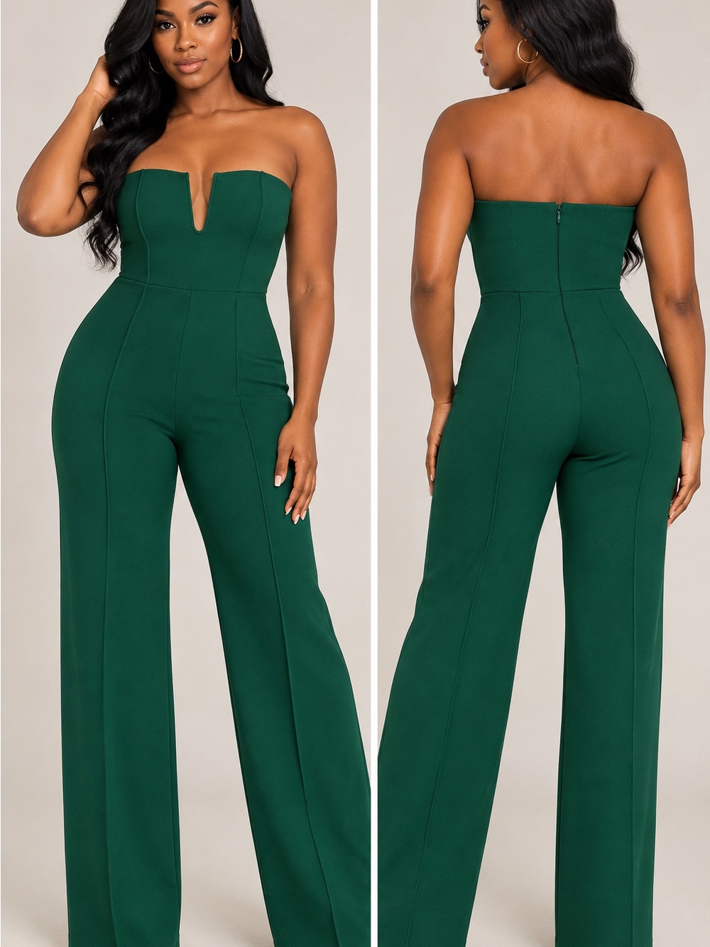Fashion Nova Strapless Notch-Front Emerald Jumpsuit